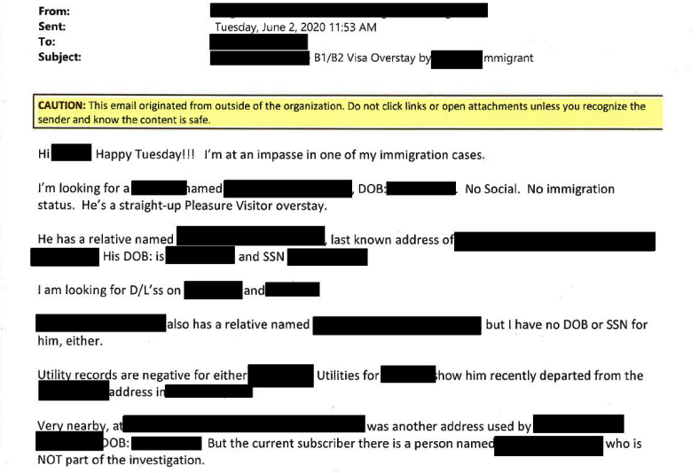 An email from an ICE deportation officer to a Georgia Licensing official is shown. The officer asks for information that he believes will be helpful in one of his cases concerning an immigrant who has overstayed their visa.
